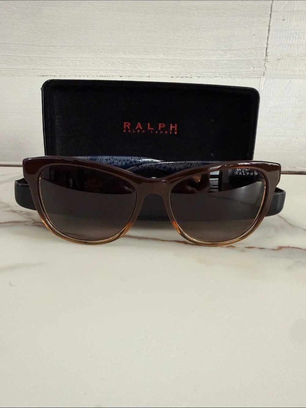 Ralph Ralph Lauren Brown Gradient Frame Sunglasses with Dark Lenses Blue Arms